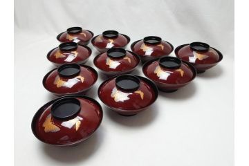明治〜大正　輪島塗　花蝶　蒔絵　漆器　吸物椀10客(共箱付き、お椀)(R-063930)