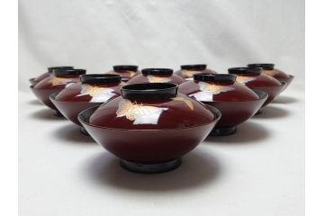 明治〜大正　輪島塗　花蝶　蒔絵　漆器　吸物椀10客(共箱付き、お椀)(R-063930)