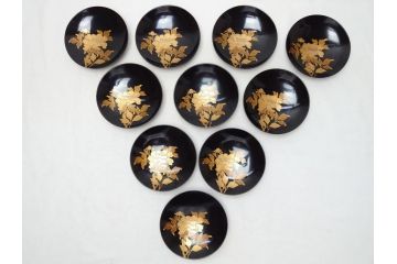 明治〜大正　輪島塗　花蝶　蒔絵　漆器　吸物椀10客(共箱付き、お椀)(R-063930)