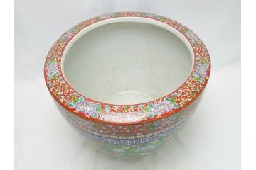 特大!　鮮やかな十錦手火鉢　蝶の図　花蝶文(鉢カバー、メダカ鉢、めだか)(R-063932)