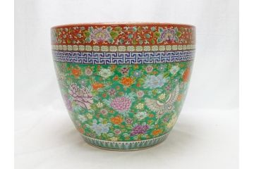 特大!　鮮やかな十錦手火鉢　蝶の図　花蝶文(鉢カバー、メダカ鉢、めだか)(R-063932)