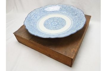 江戸期　古伊万里　染付　線描　花唐草　1尺5寸　約46cm　大皿(共箱付き、平鉢、和食器、和皿、一尺五寸)(R-063933)