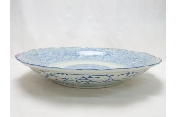 江戸期　古伊万里　染付　線描　花唐草　1尺5寸　約46cm　大皿(共箱付き、平鉢、和食器、和皿、一尺五寸)(R-063933)