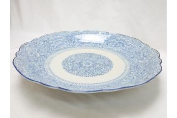 江戸期　古伊万里　染付　線描　花唐草　1尺5寸　約46cm　大皿(共箱付き、平鉢、和食器、和皿、一尺五寸)(R-063933)