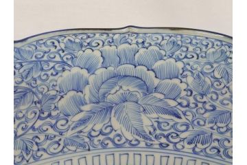 江戸期　古伊万里　染付　線描　花唐草　1尺5寸　約46cm　大皿(共箱付き、平鉢、和食器、和皿、一尺五寸)(R-063933)