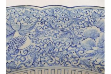 江戸期　古伊万里　染付　線描　花唐草　1尺5寸　約46cm　大皿(共箱付き、平鉢、和食器、和皿、一尺五寸)(R-063933)