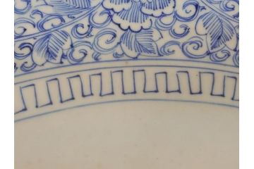 江戸期　古伊万里　染付　線描　花唐草　1尺5寸　約46cm　大皿(共箱付き、平鉢、和食器、和皿、一尺五寸)(R-063933)