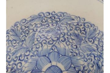 江戸期　古伊万里　染付　線描　花唐草　1尺5寸　約46cm　大皿(共箱付き、平鉢、和食器、和皿、一尺五寸)(R-063933)