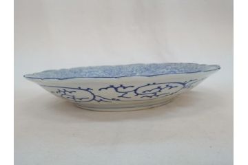 江戸期　古伊万里　染付　線描　花唐草　1尺5寸　約46cm　大皿(共箱付き、平鉢、和食器、和皿、一尺五寸)(R-063933)