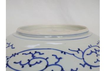 江戸期　古伊万里　染付　線描　花唐草　1尺5寸　約46cm　大皿(共箱付き、平鉢、和食器、和皿、一尺五寸)(R-063933)