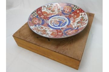江戸期　古伊万里　色絵　山水　花　獅子　1尺5寸　約47cm　大皿(共箱付き、和食器、和皿、一尺五寸)(R-063934)