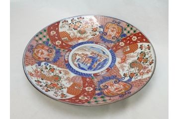 江戸期　古伊万里　色絵　山水　花　獅子　1尺5寸　約47cm　大皿(共箱付き、和食器、和皿、一尺五寸)(R-063934)