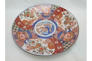 江戸期　古伊万里　色絵　山水　花　獅子　1尺5寸　約47cm　大皿(共箱付き、和食器、和皿、一尺五寸)(R-063934)