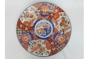 江戸期　古伊万里　色絵　山水　花　獅子　1尺5寸　約47cm　大皿(共箱付き、和食器、和皿、一尺五寸)(R-063934)