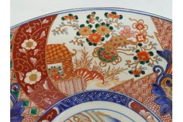 江戸期　古伊万里　色絵　山水　花　獅子　1尺5寸　約47cm　大皿(共箱付き、和食器、和皿、一尺五寸)(R-063934)