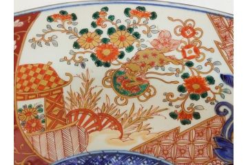 江戸期　古伊万里　色絵　山水　花　獅子　1尺5寸　約47cm　大皿(共箱付き、和食器、和皿、一尺五寸)(R-063934)