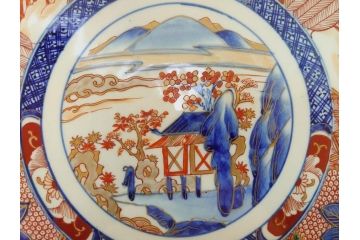 江戸期　古伊万里　色絵　山水　花　獅子　1尺5寸　約47cm　大皿(共箱付き、和食器、和皿、一尺五寸)(R-063934)