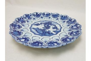 館林源右衛門　古代　染付　花形　約30cm　大皿(共箱付き、和食器、和皿、9.9寸、九寸九分)(R-063943)