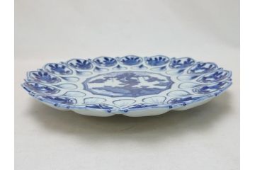 館林源右衛門　古代　染付　花形　約30cm　大皿(共箱付き、和食器、和皿、9.9寸、九寸九分)(R-063943)