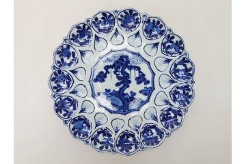 館林源右衛門　古代　染付　花形　約30cm　大皿(共箱付き、和食器、和皿、9.9寸、九寸九分)(R-063943)