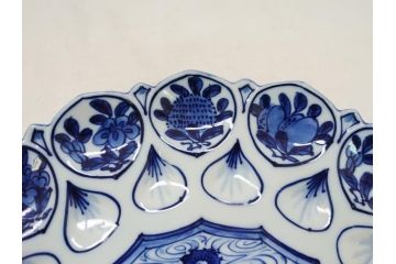 館林源右衛門　古代　染付　花形　約30cm　大皿(共箱付き、和食器、和皿、9.9寸、九寸九分)(R-063943)