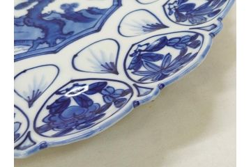 館林源右衛門　古代　染付　花形　約30cm　大皿(共箱付き、和食器、和皿、9.9寸、九寸九分)(R-063943)