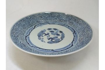 江戸期　太明成化年製　古伊万里　染付　蛸唐草　松竹梅文　1尺2寸　約36cm　大皿(和食器、和皿、一尺二寸)(R-063946)