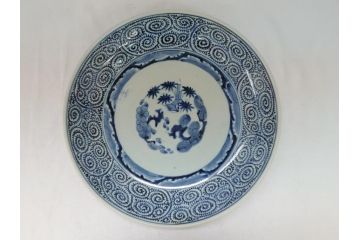 江戸期　太明成化年製　古伊万里　染付　蛸唐草　松竹梅文　1尺2寸　約36cm　大皿(和食器、和皿、一尺二寸)(R-063946)