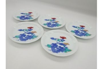 十三代　今泉今右衛門　重要無形文化財　5.5寸　錦菊絵果物皿5枚(共箱付き、五寸五分、和皿、和食器、色絵、色鍋島)(R-063949)