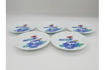 十三代　今泉今右衛門　重要無形文化財　5.5寸　錦菊絵果物皿5枚(共箱付き、五寸五分、和皿、和食器、色絵、色鍋島)(R-063949)
