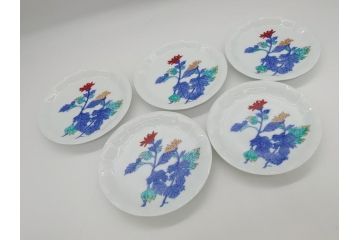 十三代　今泉今右衛門　重要無形文化財　5.5寸　錦菊絵果物皿5枚(共箱付き、五寸五分、和皿、和食器、色絵、色鍋島)(R-063949)