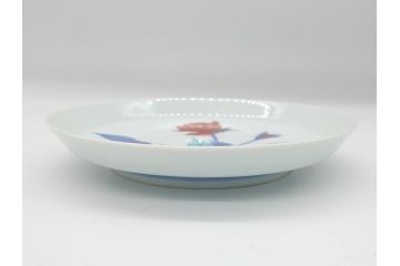 重要無形文化財　十二代 今泉今右衛門　錦　色絵　薔薇文　5.1寸　約15.5cm　大胆に描かれた薔薇の図が食卓のアクセントになる中皿5枚(銘々皿、色鍋島、和食器、五寸一分、共箱付き)(R-063955)