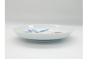 重要無形文化財　十二代 今泉今右衛門　錦　色絵　薔薇文　5.1寸　約15.5cm　大胆に描かれた薔薇の図が食卓のアクセントになる中皿5枚(銘々皿、色鍋島、和食器、五寸一分、共箱付き)(R-063955)