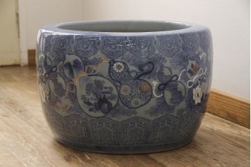和製アンティーク　昭和初期　瓢箪の図　繊細な図柄が美しい瀬戸火鉢(鉢カバー、傘立て)(R-063961)