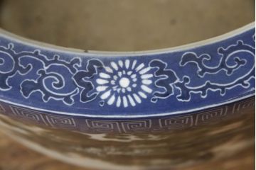 和製アンティーク　激レア　超希少　特大　変わり型　明治大正期　迫力ある雲龍図が目を惹く瀬戸火鉢(鉢カバー、傘立て)(R-063962)