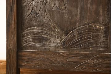 和製ビンテージ　軽井沢彫り　大輪の牡丹の彫刻に目を奪われるベッドフレーム(シングル、すのこ付き、ヴィンテージ)(R-063968)