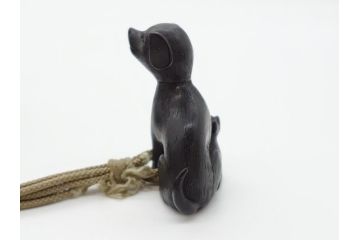 時代物　銀製　金象嵌?　龍キセル入れ　犬の親子木製根付　煙管&腰差し煙草入れ(提げ物、タバコ、たばこ入れ)(R-063978)