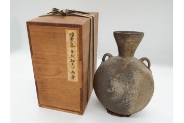 平安時代　九世紀　自然釉　耳付　須恵器　時代の流れを感じる扁壷(京都府下出土、壺中居、和食器、共箱付き)(R-063981)
