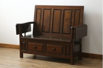 中古　美品　松本民芸家具　シックな大人の空間を演出する羽根付ベンチ(長椅子、二人掛けベンチ、板座)(R-063983)