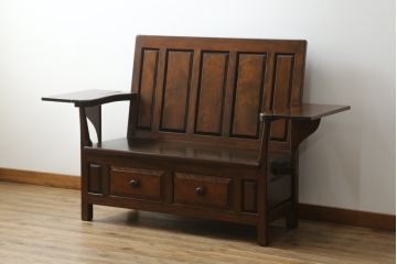 中古　美品　松本民芸家具　シックな大人の空間を演出する羽根付ベンチ(長椅子、二人掛けベンチ、板座)(R-063983)