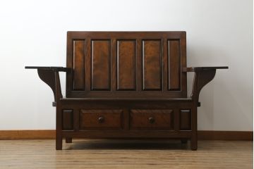 中古　美品　松本民芸家具　シックな大人の空間を演出する羽根付ベンチ(長椅子、二人掛けベンチ、板座)(R-063983)
