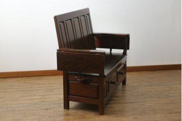 中古　美品　松本民芸家具　シックな大人の空間を演出する羽根付ベンチ(長椅子、二人掛けベンチ、板座)(R-063983)