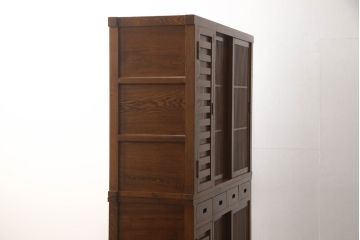 中古　ニレ材　上質な和の空間を演出する二段重ね水屋箪笥(キャビネット、食器棚、収納棚、戸棚)(R-063991)