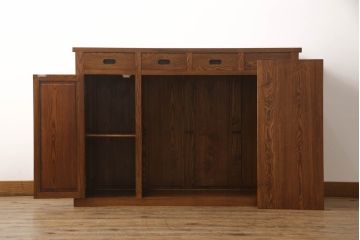 中古　ニレ材　上質な和の空間を演出する水屋箪笥サイドボード(サイドキャビネット、収納棚、戸棚、引き出し)(R-063993)