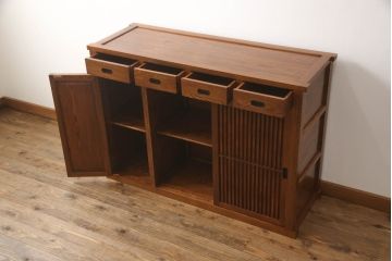 中古　ニレ材　上質な和の空間を演出する水屋箪笥サイドボード(サイドキャビネット、収納棚、戸棚、引き出し)(R-063993)