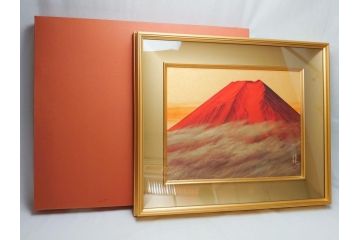 福王寺法林　文化勲章　赤富士　P10号サイズ程度　絵画(共箱付き、共シール、朝富士、額装)(R-064005)
