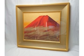 福王寺法林　文化勲章　赤富士　P10号サイズ程度　絵画(共箱付き、共シール、朝富士、額装)(R-064005)