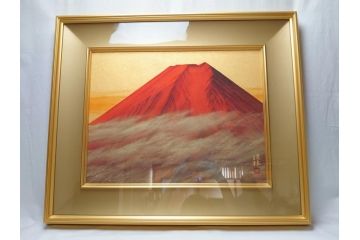 福王寺法林　文化勲章　赤富士　P10号サイズ程度　絵画(共箱付き、共シール、朝富士、額装)(R-064005)