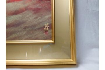 福王寺法林　文化勲章　赤富士　P10号サイズ程度　絵画(共箱付き、共シール、朝富士、額装)(R-064005)