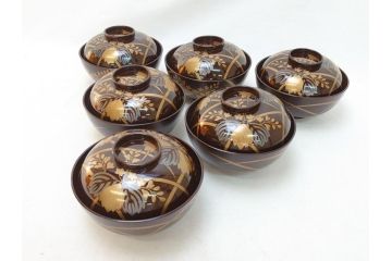 明治〜大正　桐材　金銀蒔絵　輪島塗り　木製漆器　漆器の色合いと蒔絵の組み合わせが美しい吸物椀6客セット(和食器、お椀)(R-064007)